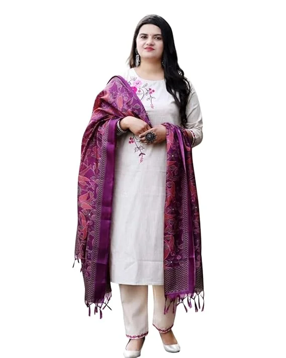Little Crafts Women’s Cotton Floral Printed Straight Kurti Set with Pant and Dupatta | Beige XXL | Comfortable Summer Ethnic Wear image 1