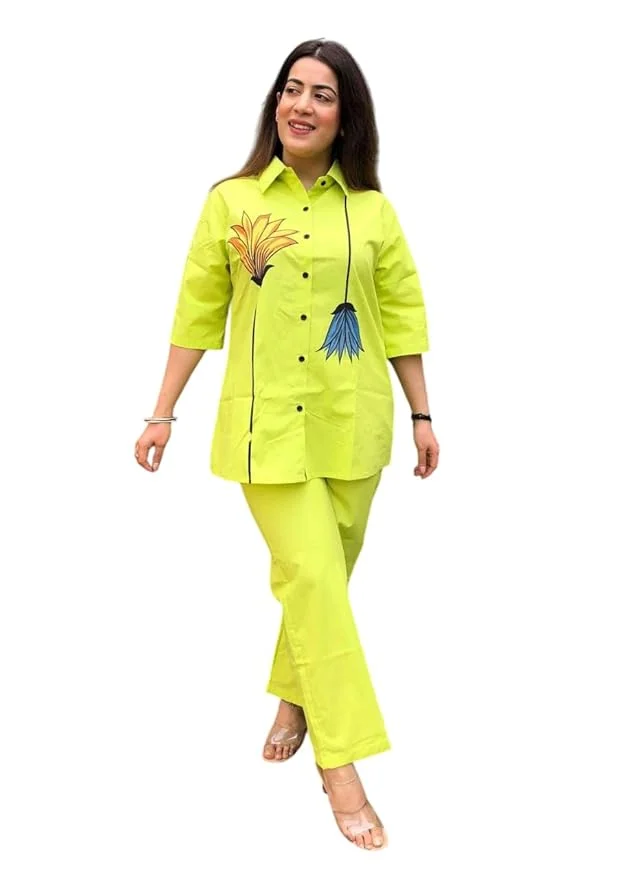 Little Crafts Cotton Floral Printed Women's Kurti Pant Set | Short Straight Shirt Kurti | Yellow L | Casual Summer Wear image 1