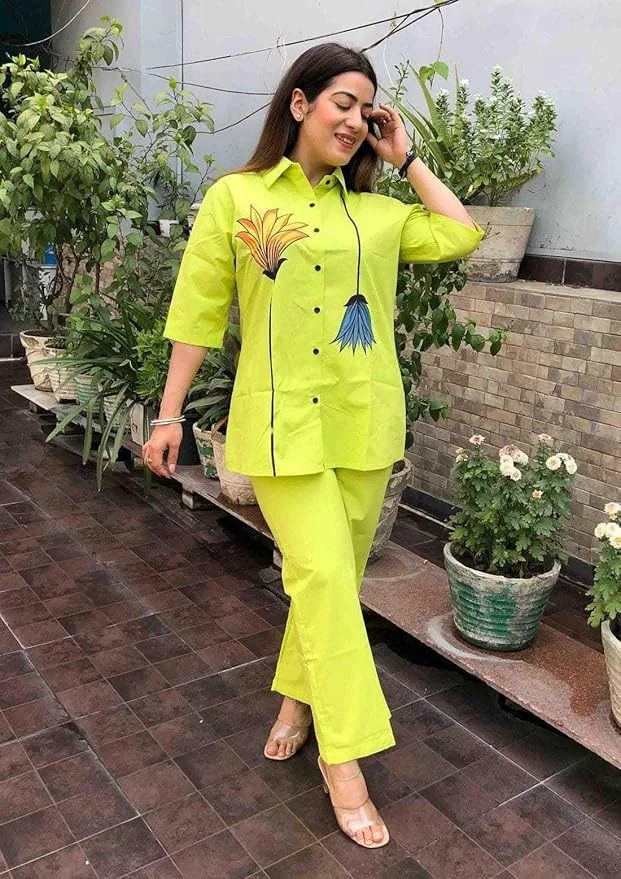 Little Crafts Cotton Floral Printed Women's Kurti Pant Set | Short Straight Shirt Kurti | Yellow L | Casual Summer Wear image 3