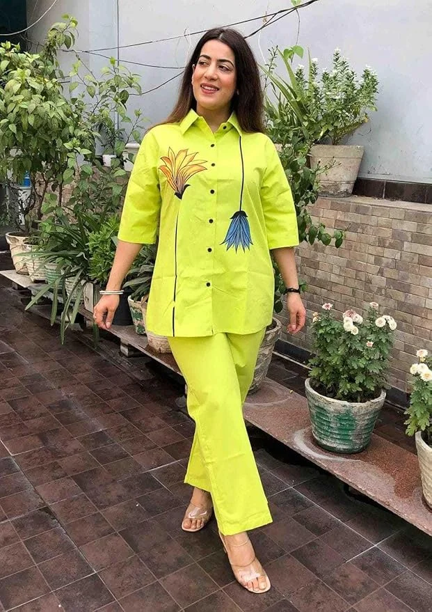 Little Crafts Cotton Floral Printed Women's Kurti Pant Set | Short Straight Shirt Kurti | Yellow L | Casual Summer Wear image 2