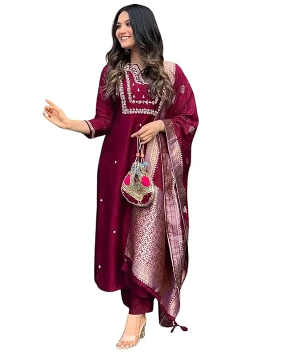 Little Crafts | Viscose Silk Heavy Embroidered Straight Kurta Set with Trouser and Banarasi Jacquard Dupatta for Women | Maroon |Festive Wear image 1