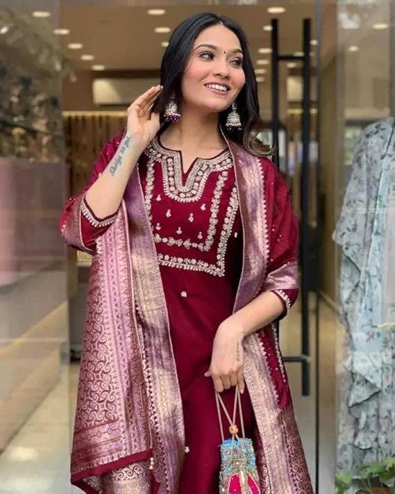 Little Crafts | Viscose Silk Heavy Embroidered Straight Kurta Set with Trouser and Banarasi Jacquard Dupatta for Women | Maroon |Festive Wear image 2
