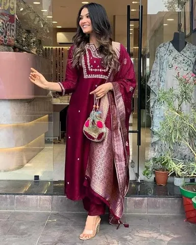 Little Crafts | Viscose Silk Heavy Embroidered Straight Kurta Set with Trouser and Banarasi Jacquard Dupatta for Women | Maroon |Festive Wear  thumbnail 2