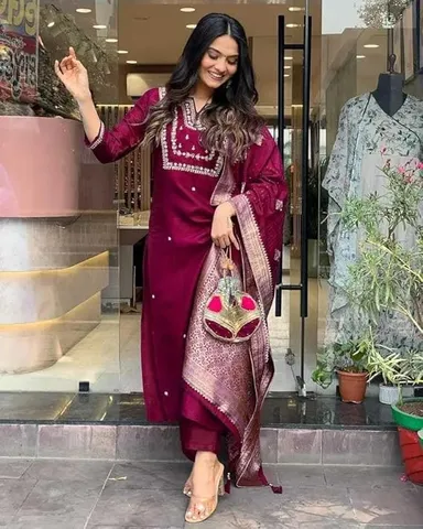 Little Crafts | Viscose Silk Heavy Embroidered Straight Kurta Set with Trouser and Banarasi Jacquard Dupatta for Women | Maroon |Festive Wear  thumbnail 3
