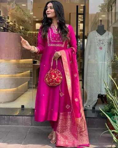 Little Crafts Women’s Embroidered Viscose Silk Kurta Set | Banarasi Dupatta |Pink |Large thumbnail 1