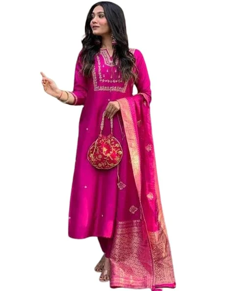 Little Crafts Women’s Embroidered Viscose Silk Kurta Set | Banarasi Dupatta |Pink |Large image 1