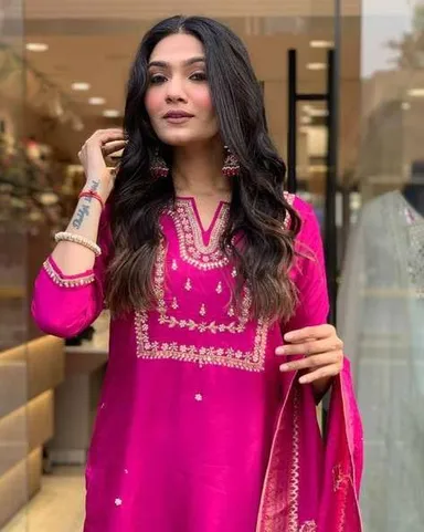 Little Crafts Women’s Embroidered Viscose Silk Kurta Set | Banarasi Dupatta |Pink |Large thumbnail 2