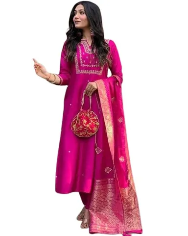 Little Crafts Women’s Embroidered Viscose Silk Kurta Set | Banarasi Dupatta |Pink XL thumbnail 0
