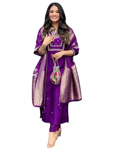 Little Crafts Women’s Embroidered Viscose Silk Kurta Set | Heavy Embroidery Banarasi Jacquard Dupatta Trouser | Purple XL thumbnail 0