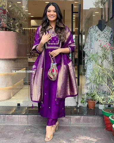 Little Crafts Women’s Embroidered Viscose Silk Kurta Set | Heavy Embroidery Banarasi Jacquard Dupatta Trouser | Purple XL thumbnail 5