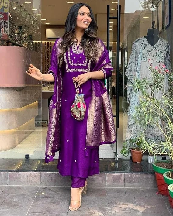 Little Crafts Women’s Embroidered Viscose Silk Kurta Set | Heavy Embroidery, Banarasi Jacquard Dupatta Trouser | Purple | Large image 2
