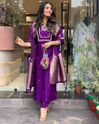 Little Crafts Women’s Embroidered Viscose Silk Kurta Set | Heavy Embroidery, Banarasi Jacquard Dupatta Trouser | Purple | Large thumbnail 1