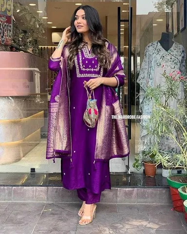 Little Crafts Women’s Embroidered Viscose Silk Kurta Set | Heavy Embroidery, Banarasi Jacquard Dupatta Trouser | Purple | Large thumbnail 2