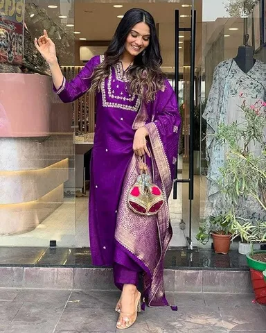 Little Crafts Women’s Embroidered Viscose Silk Kurta Set | Heavy Embroidery, Banarasi Jacquard Dupatta Trouser | Purple | Large thumbnail 3