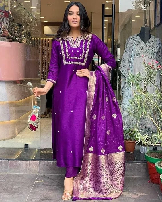 Little Crafts Women’s Embroidered Viscose Silk Kurta Set | Heavy Embroidery, Banarasi Jacquard Dupatta Trouser | Purple | Large image 7
