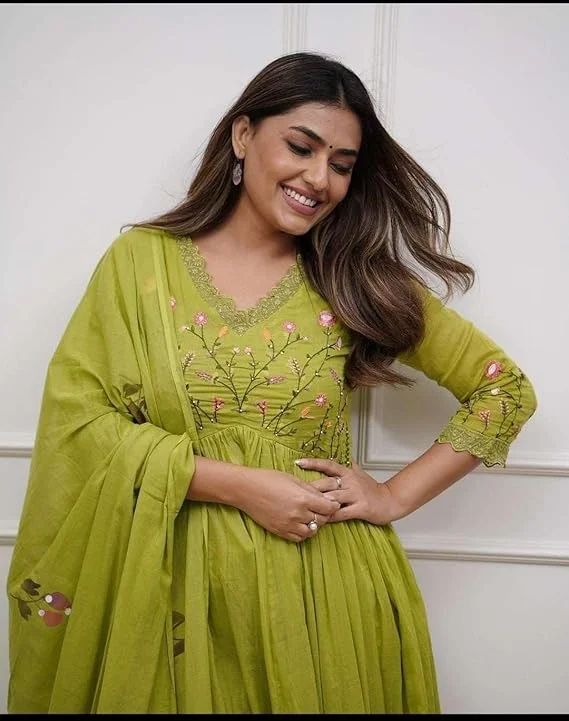 Cotton Embroidered Anarkali Kurti with Pant and Dupatta Set | Mehendi Green-M | Ethnic Office & Festive Wear for Women | Soft & Breathable Fabric image 4