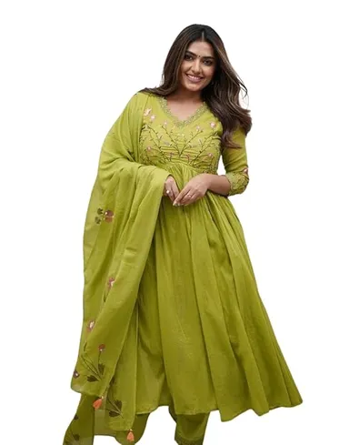 Women's Embroidered Cotton Anarkali Kurti Set |Mehendi Green L | Long Kurti with Pant & Dupatta for Wedding Festive Wear thumbnail 0
