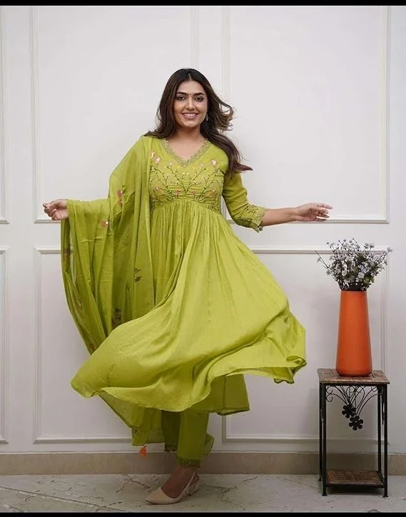 Women's Embroidered Cotton Anarkali Kurti Set |Mehendi Green L | Long Kurti with Pant & Dupatta for Wedding Festive Wear image 2