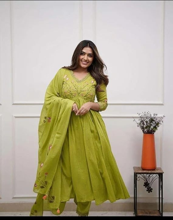 Women's Embroidered Cotton Anarkali Kurti Set |Mehendi Green L | Long Kurti with Pant & Dupatta for Wedding Festive Wear image 3