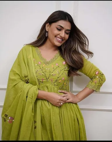 Women’s Embroidered Cotton Anarkali Kurti Set | Mehendi Green XL | Long Kurti with Pant & Dupatta for Festivals, Office Wear  Wedding Events thumbnail 3