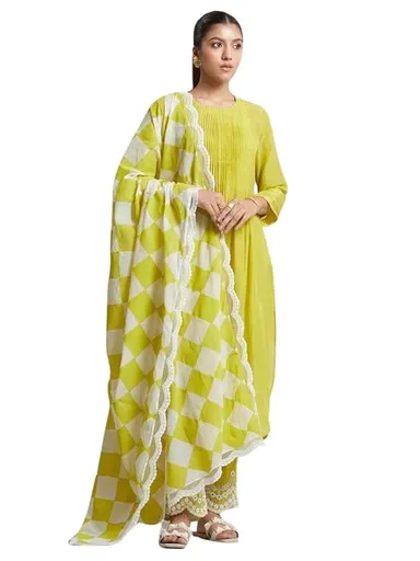Cotton Printed Flared Kurti with Palazzo and Dupatta | Parrot Green XL | Women’s Cotton Ethnic Set thumbnail 0