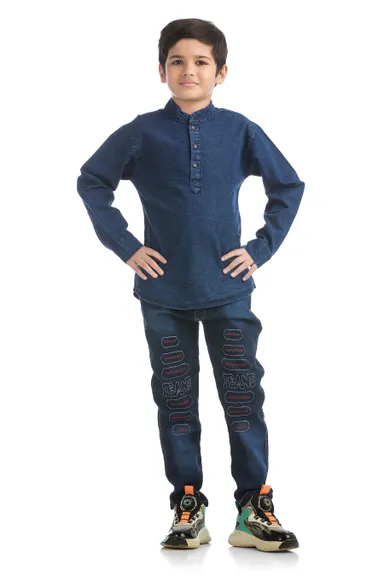 Boys Denim Kurta & Embroidered Jeans Pant Combo Set | Stylish, Comfortable, Festive Wear|5-6 years thumbnail 0