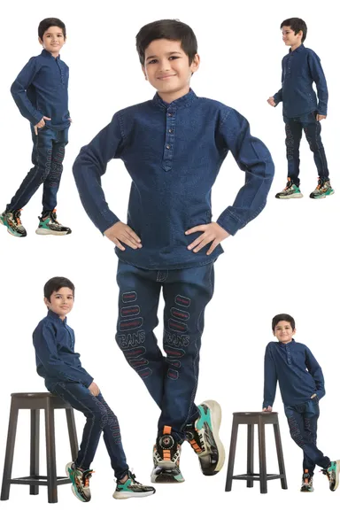 Boys Denim Kurta & Embroidered Jeans Pant Combo Set | Stylish, Comfortable, Festive Wear|5-6 years thumbnail 1