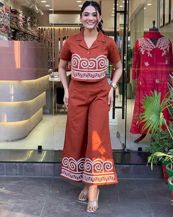 Women’s Cotton Embroidered Crop Top Co-Ord Set | Summer Printed Pant Set Orange Medium | Casual Festive Wear image 5