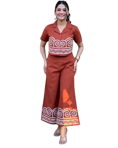 Women's Cotton Embroidered Crop Top Co-Ord Set | Printed Pants | Stylish Summer Wear thumbnail 0