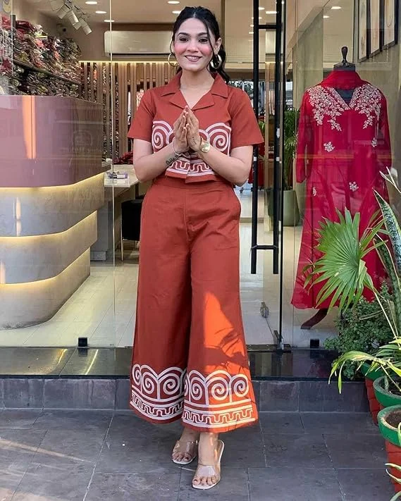 Women's Cotton Embroidered Crop Top Co-Ord Set | Printed Pants | Stylish Summer Wear image 2