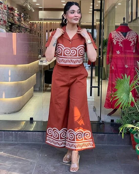 Women's Cotton Embroidered Crop Top Co-Ord Set | Printed Pants | Stylish Summer Wear image 3