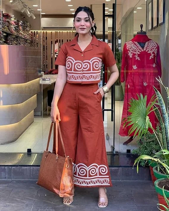 Women's Cotton Embroidered Crop Top Co-Ord Set | Printed Pants | Stylish Summer Wear image 4