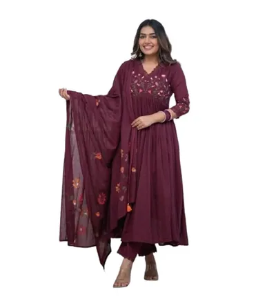 Cotton Embroidered Anarkali Kurti Set for Women | Pant & Dupatta Maroon Size L | Ethnic Wear Combo thumbnail 0