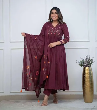 Cotton Embroidered Anarkali Kurti Set for Women | Pant & Dupatta Maroon Size L | Ethnic Wear Combo thumbnail 2
