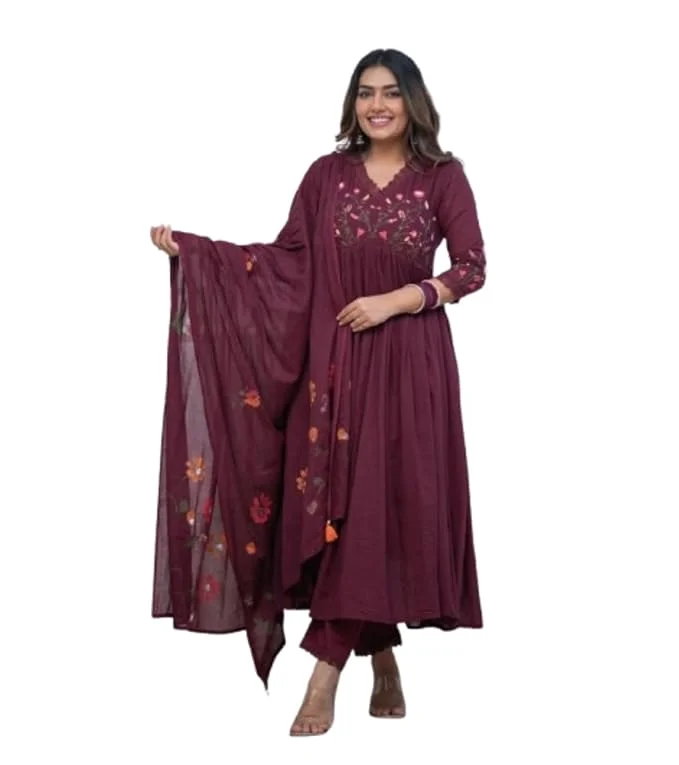 Embroidered Cotton Anarkali Kurti Set for Women Pant & Dupatta | Maroon| Size XL | Festive Ethnic Wear image 1