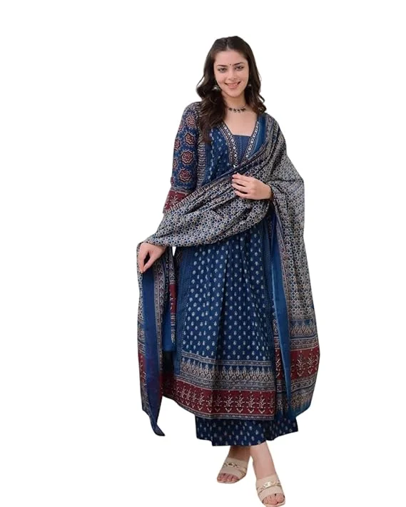 Women's Cotton A-Line Kurti Set with Pant & Dupatta Printed Blue M | Daily Wear Summer Outfit image 1