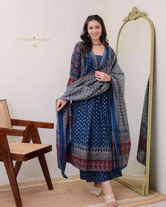Women's Cotton A-Line Kurti Set with Pant & Dupatta Printed Blue M | Daily Wear Summer Outfit image 2
