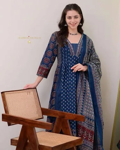 Women's Cotton A-Line Kurti Set with Pant & Dupatta Printed Blue M | Daily Wear Summer Outfit thumbnail 2