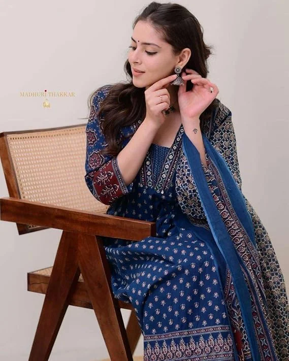 Women's Cotton A-Line Kurti Set with Pant & Dupatta Printed Blue M | Daily Wear Summer Outfit image 4
