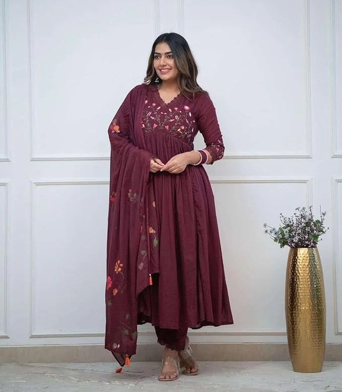 Cotton Embroidered Anarkali Kurti Set for Women XXL | Maroon Suit with Dupatta, Pant | Festive Wear image 2