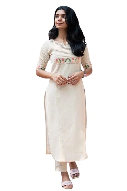 Women's Cotton Floral Kurti with Palazzo | White-M | Printed Straight Fit Ethnic Set for Daily Wear Office Festive image 1