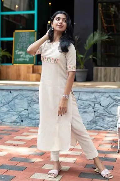 Women's Cotton Floral Kurti with Palazzo | White-M | Printed Straight Fit Ethnic Set for Daily Wear Office Festive thumbnail 3