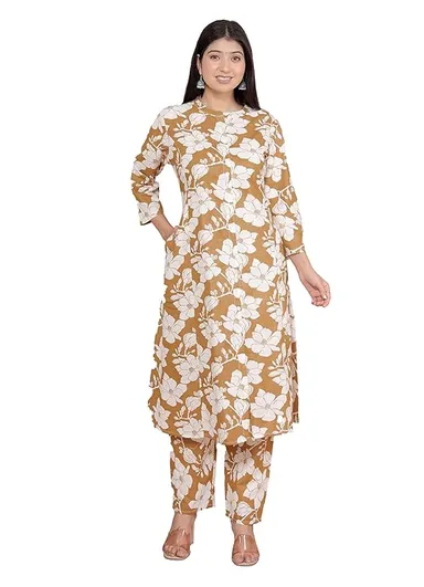 Women’s Cotton A-Line Kurti with Pant | Floral Printed | Brown Mandarin Collar | Daily Wear Ethnic Set thumbnail 0