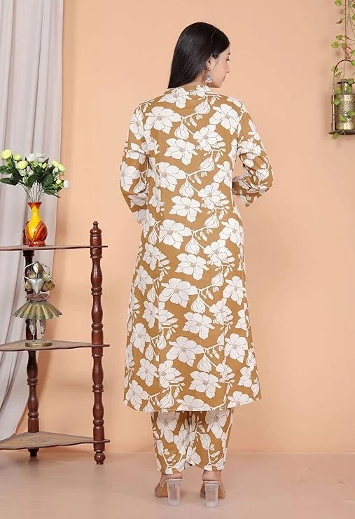 Women’s Cotton A-Line Kurti with Pant | Floral Printed | Brown Mandarin Collar | Daily Wear Ethnic Set image 2