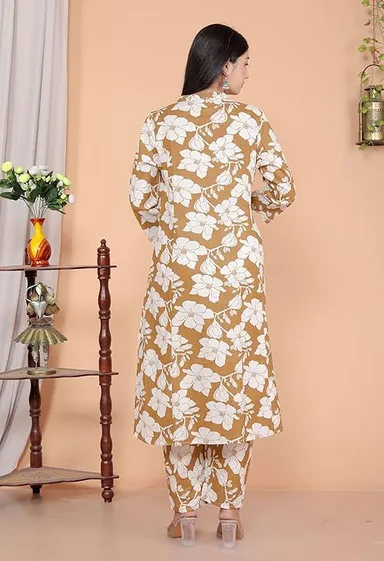 Women’s Cotton A-Line Kurti with Pant | Floral Printed | Brown Mandarin Collar | Daily Wear Ethnic Set thumbnail 1
