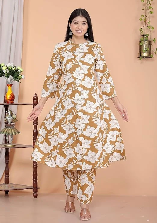 Women’s Cotton A-Line Kurti with Pant | Floral Printed | Brown Mandarin Collar | Daily Wear Ethnic Set image 3