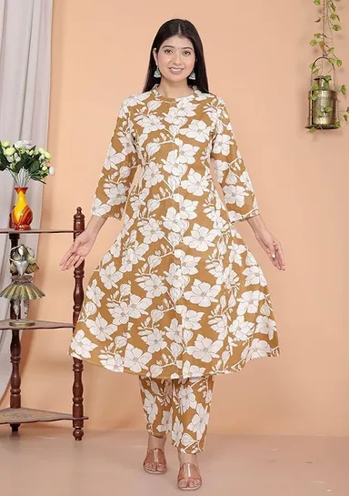 Women’s Cotton A-Line Kurti with Pant | Floral Printed | Brown Mandarin Collar | Daily Wear Ethnic Set thumbnail 2