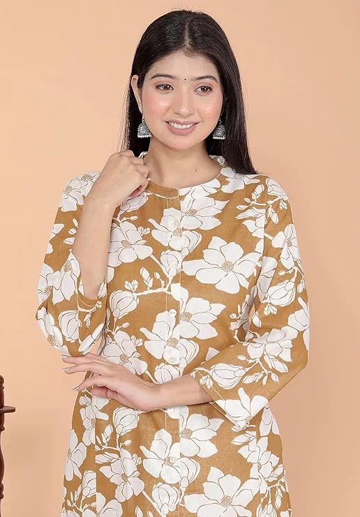 Women’s Cotton A-Line Kurti with Pant | Floral Printed | Brown Mandarin Collar | Daily Wear Ethnic Set image 4