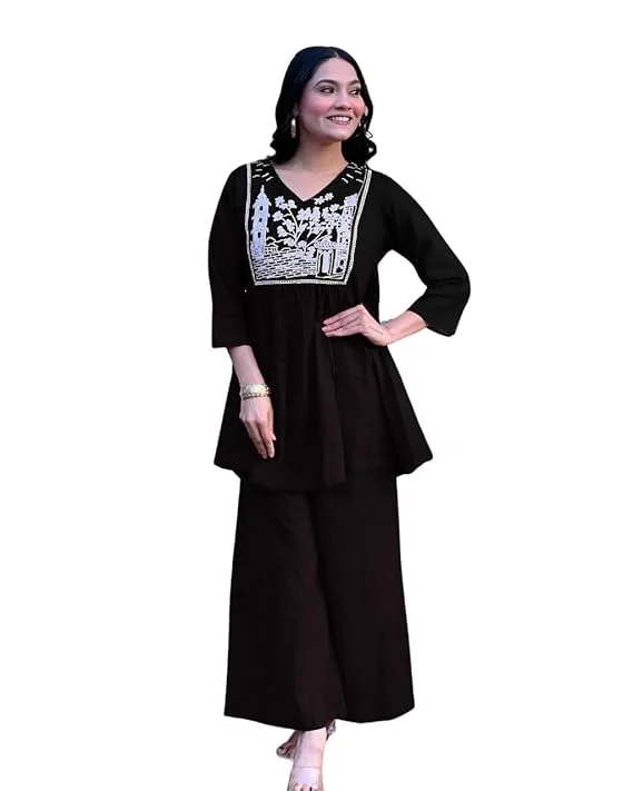 Women's Cotton Embroidered Kurta Set with Flared Design | Pant Included Black-L | Daily Wear Office Use Partywear image 1
