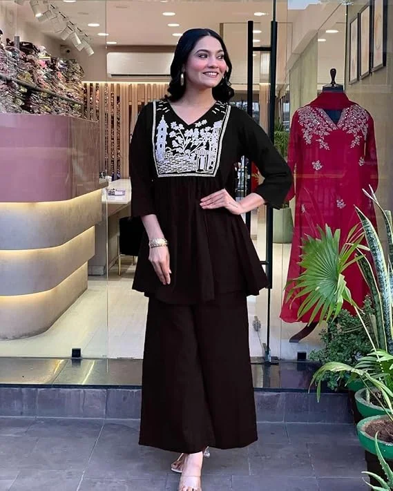 Women's Cotton Embroidered Kurta Set with Flared Design | Pant Included Black-L | Daily Wear Office Use Partywear image 2